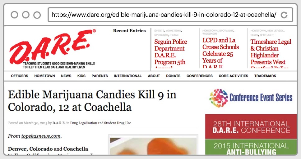 Fake cannabis facts published on the official website of D.A.R.E. on March 30, 2015.
