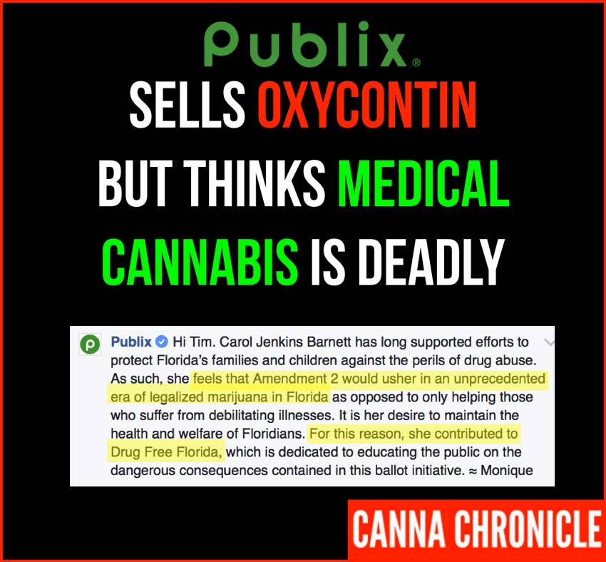 The Publix family just donated $800,000 to No on 2. they think that patients who use medical cannabis should be criminalized. Image: CannaChronicle.com